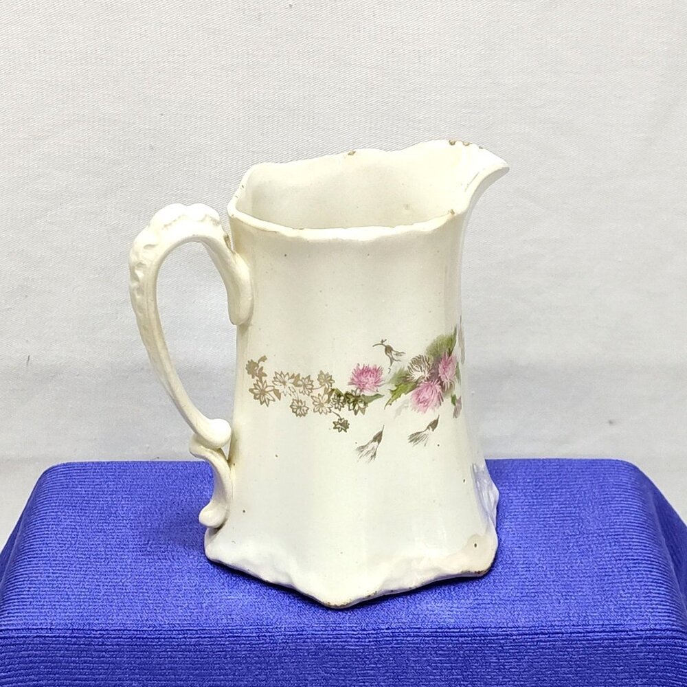 US Pottery Semi-Vitreous Porcelain Pitcher w/ Gold Gilding Floral Design Antique